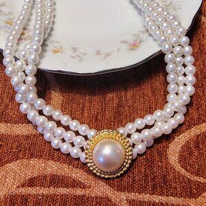 Creamy White Faux Halo Pearl Beaded Necklace Triple Strand Choker Retro Glamour